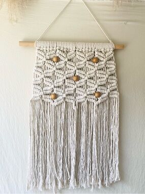 NWOT Handmade Boho Macrame Wall Hanging Accented with Wooden Beads